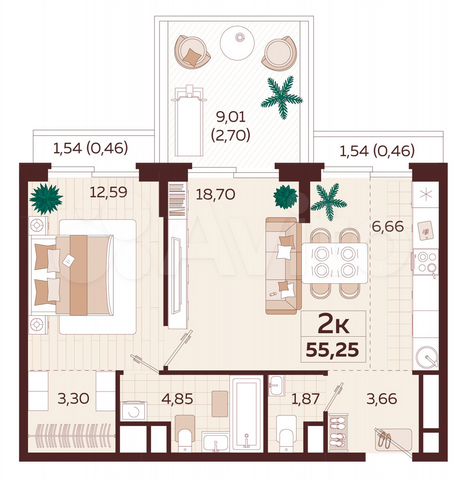 2-к. квартира, 54,4 м², 5/9 эт.