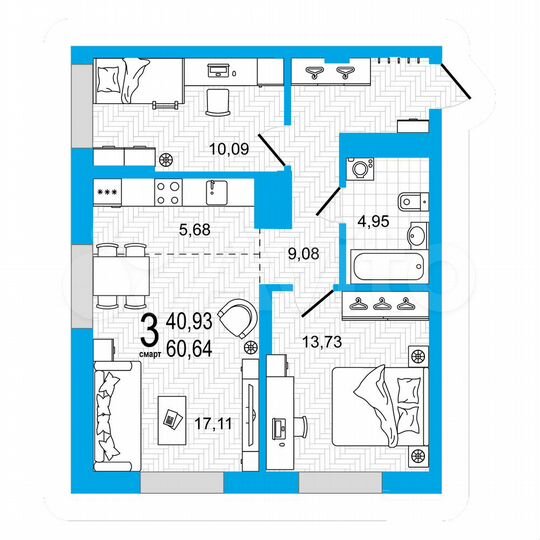 2-к. квартира, 60,6 м², 3/27 эт.
