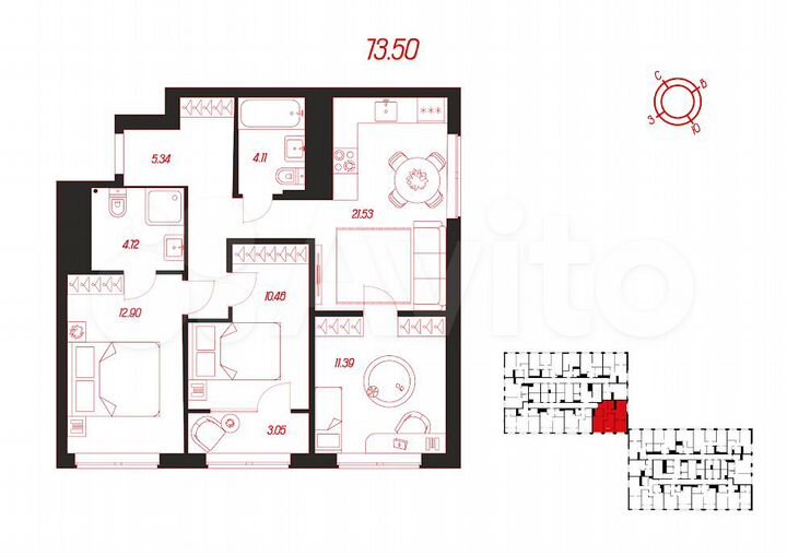 4-к. квартира, 73,5 м², 16/25 эт.