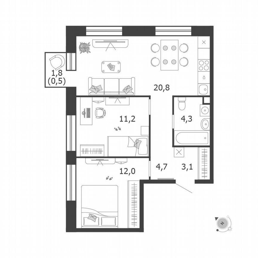 2-к. квартира, 56,6 м², 18/19 эт.