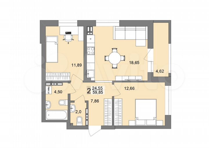 2-к. квартира, 59,5 м², 19/26 эт.