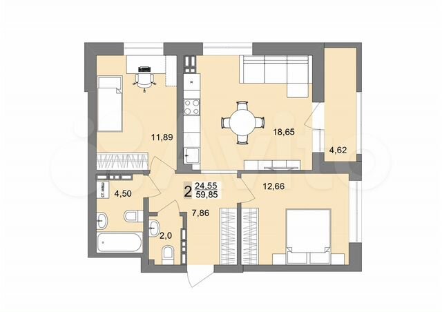 2-к. квартира, 59,5 м², 19/26 эт.