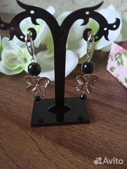 Серьги из черного агата