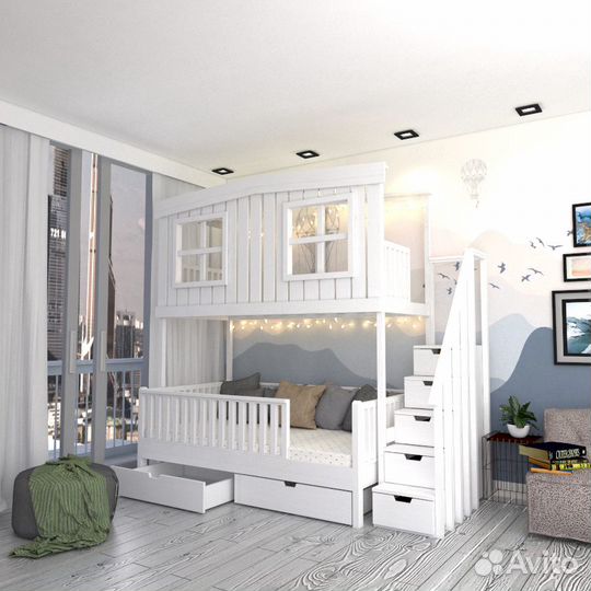 Кровать трансформер трехместная, двухъярусная