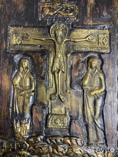 Старинная икона ставротека Голгофа - резьба - лить