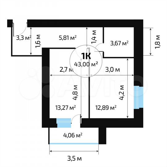 1-к. квартира, 43,5 м², 12/16 эт.