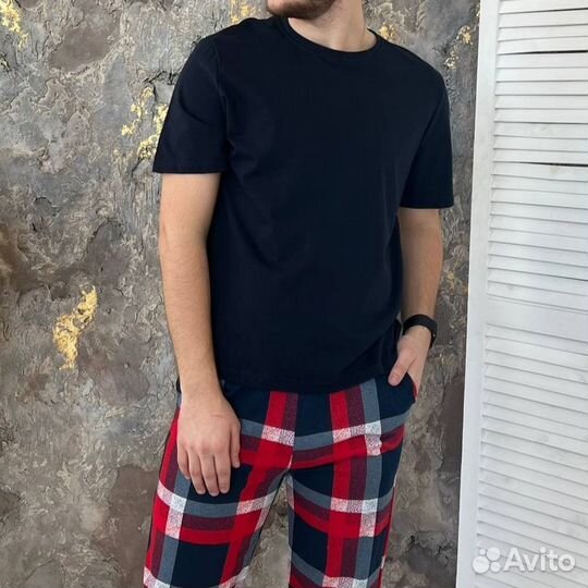 Мужская пижама с брюками, темно-синий+клетка, 46