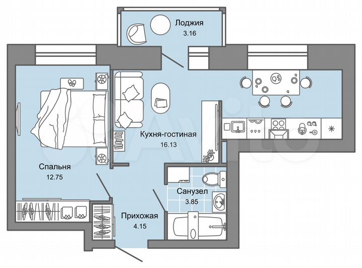 1-к. квартира, 38 м², 8/9 эт.