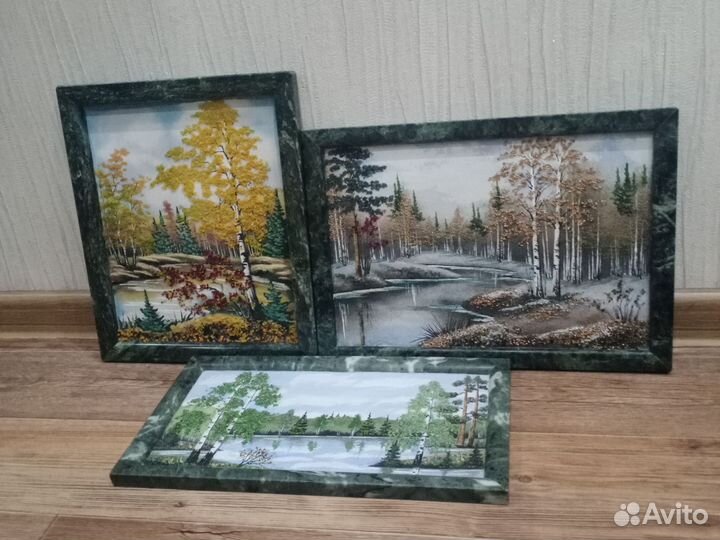 Триптих картины из каменной крошки осеньзима Весна