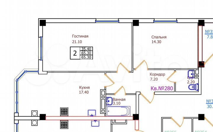 2-к. квартира, 65,3 м², 4/8 эт.