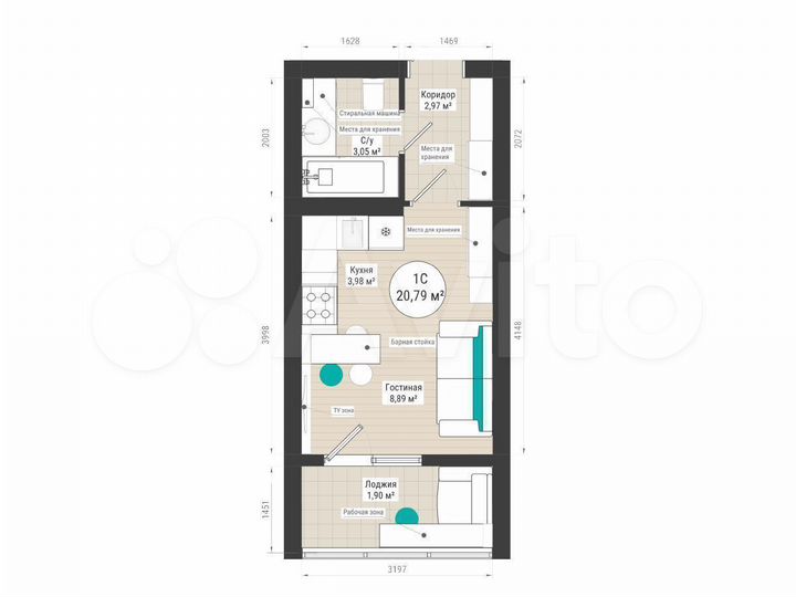 Квартира-студия, 20,7 м², 15/27 эт.
