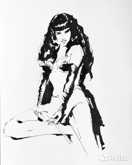 Пинап девушка. Перо и тушь