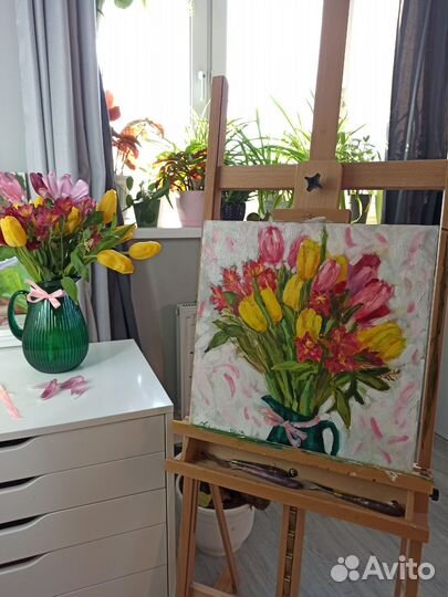 Картина букет тюльпанов на холсте 40 на 40 см