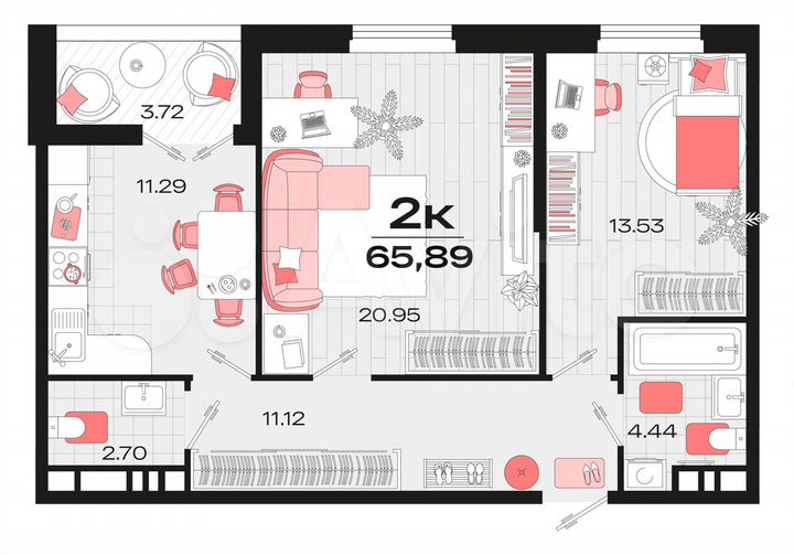 2-к. квартира, 65,2 м², 7/14 эт.