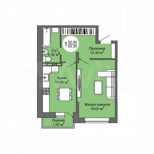 1-к. квартира, 53,3 м², 5/17 эт.