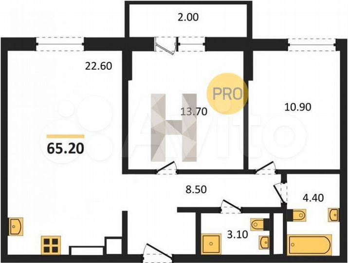 2-к. квартира, 65,2 м², 4/5 эт.