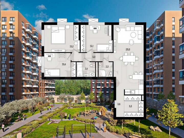 3-к. квартира, 84,9 м², 7/12 эт.