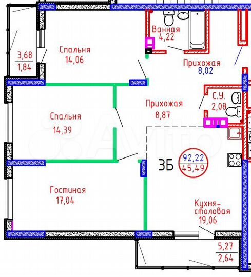 3-к. квартира, 92,2 м², 3/8 эт.
