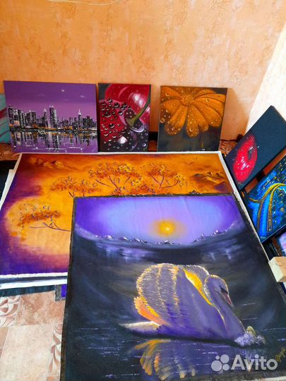 Карина холст масло 80*80 Лебедь на закате