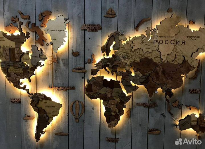 Карта мира из дерева на стену с подсветкой