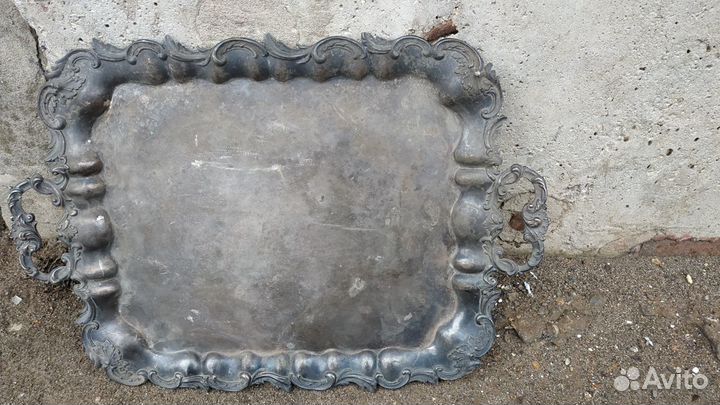 Старинный медный посеребрённый поднос