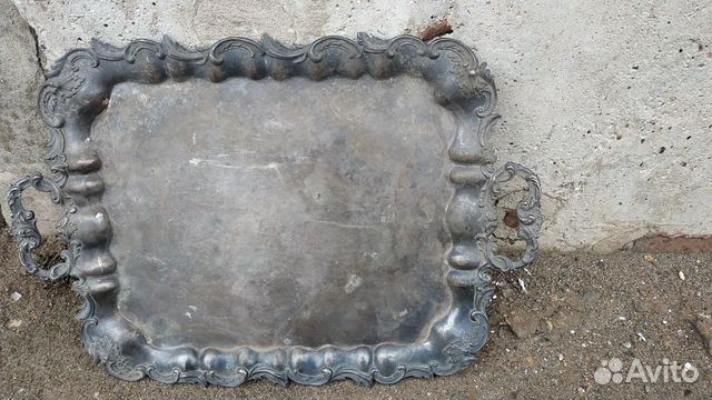 Старинный медный посеребрённый поднос