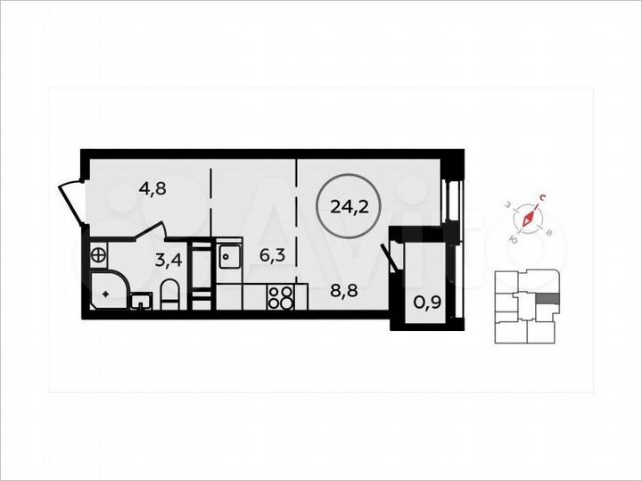 Квартира-студия, 24,2 м², 13/16 эт.
