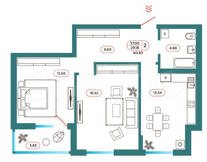 2-к. квартира, 60,8 м², 1/6 эт.