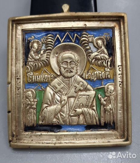 Икона старинная Николай чудотворец эмали