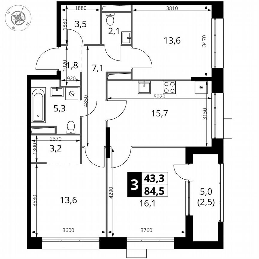 3-к. квартира, 84,5 м², 11/21 эт.