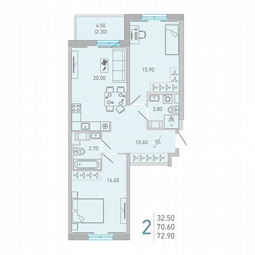 2-к. квартира, 72,9 м², 5/17 эт.