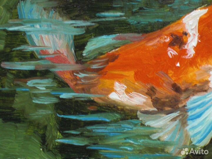 Картина маслом на картоне 15*15 см рыбка кои