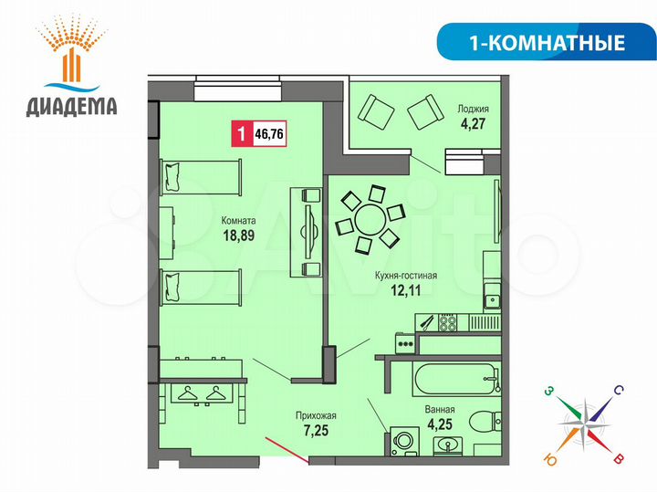 1-к. квартира, 46,8 м², 11/22 эт.