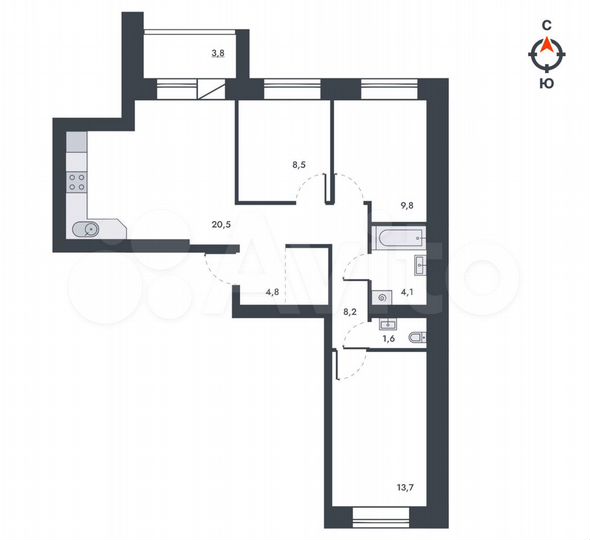 3-к. квартира, 75 м², 4/12 эт.