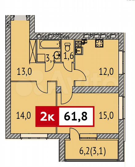 2-к. квартира, 61,8 м², 2/9 эт.