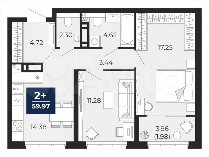 2-к. квартира, 60 м², 10/21 эт.