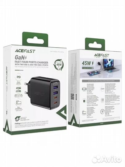 Сзу acefast A61 PD45W черный GaN (2*USB-C+2*USB-A