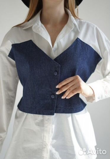 Рубашка с вставкой джинса