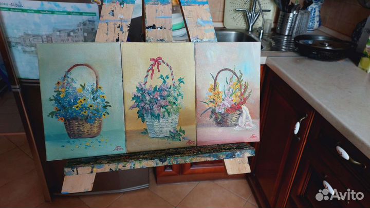 Картины Триптих цветы в корзинках
