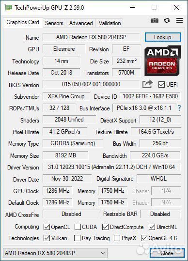 Видеокарта rx580 8gb 2048sp