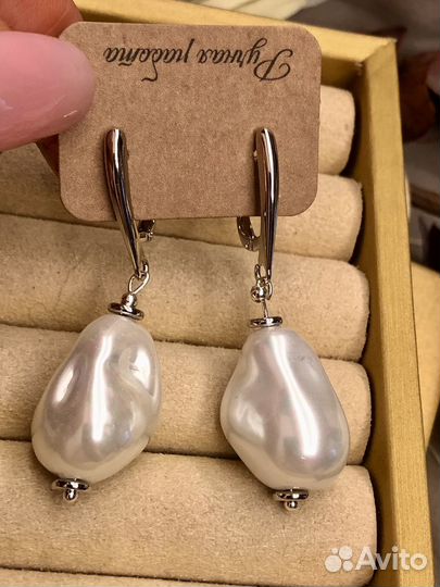 Серьги с крупным барочным жемчугом серебро