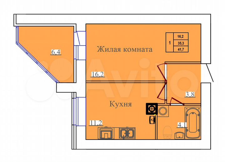 1-к. квартира, 41,7 м², 1/14 эт.
