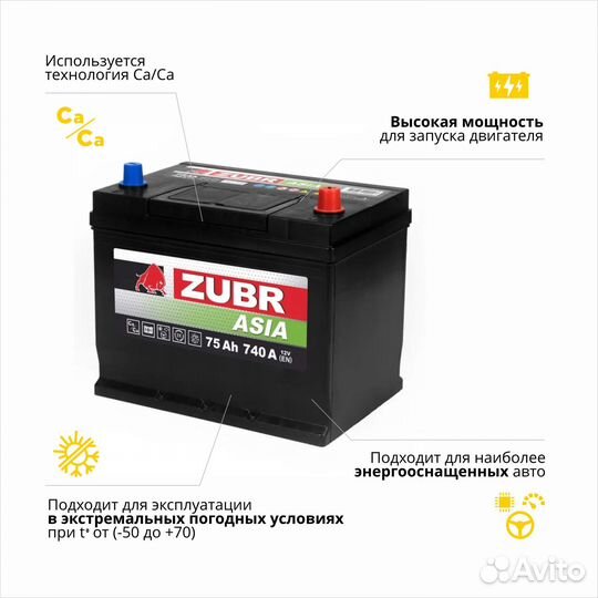 Аккумулятор Zubr Premium Asia (75 Ah, 12 V) R+