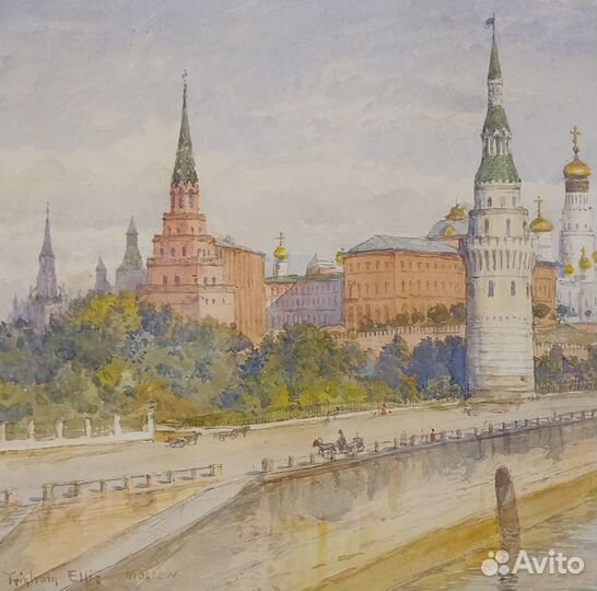 Панорама Кремля Москва старинная акварель картина