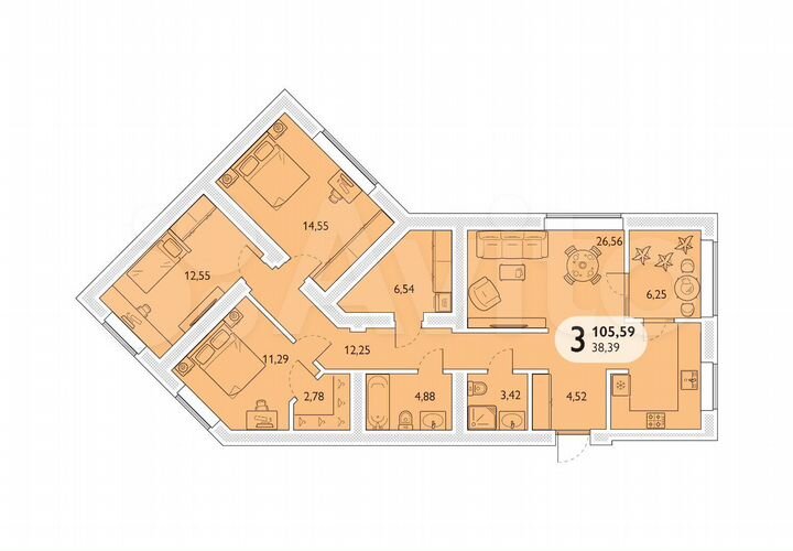 3-к. квартира, 105,6 м², 9/15 эт.