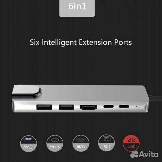 USB-C Адаптер 6в1 с зарядкой, на USB, hdmi, LAN