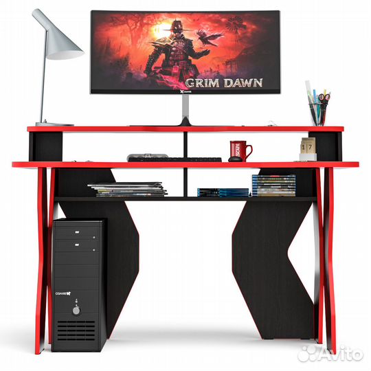 Игровой компьютерный стол Краб-5 с надстройкой цвет венге/кромка красная, шхгхв 140х90х91(75) см