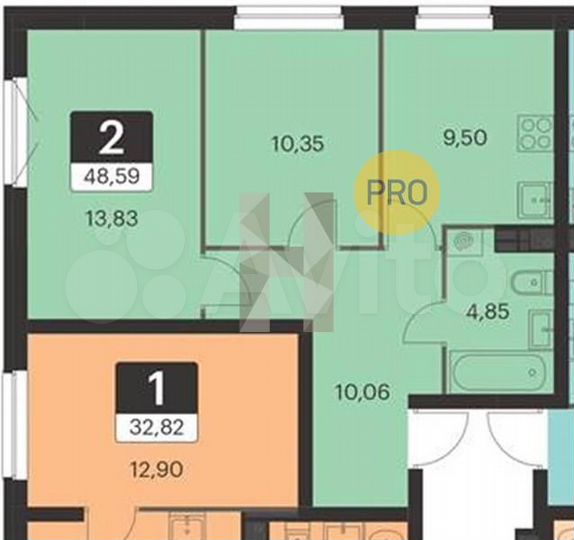 2-к. квартира, 48,6 м², 2/15 эт.