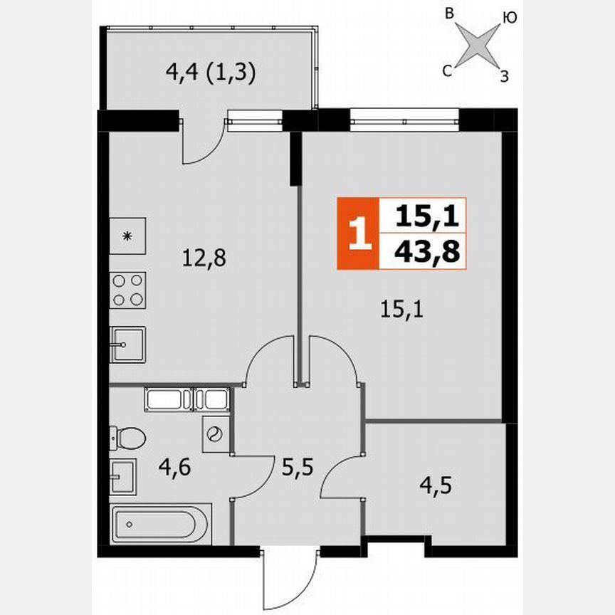 1-к. квартира, 43,8 м², 21/24 эт.