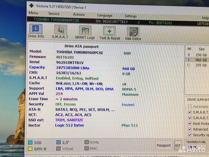 Новый SSD toshiba 960 GB 2’5 SATA